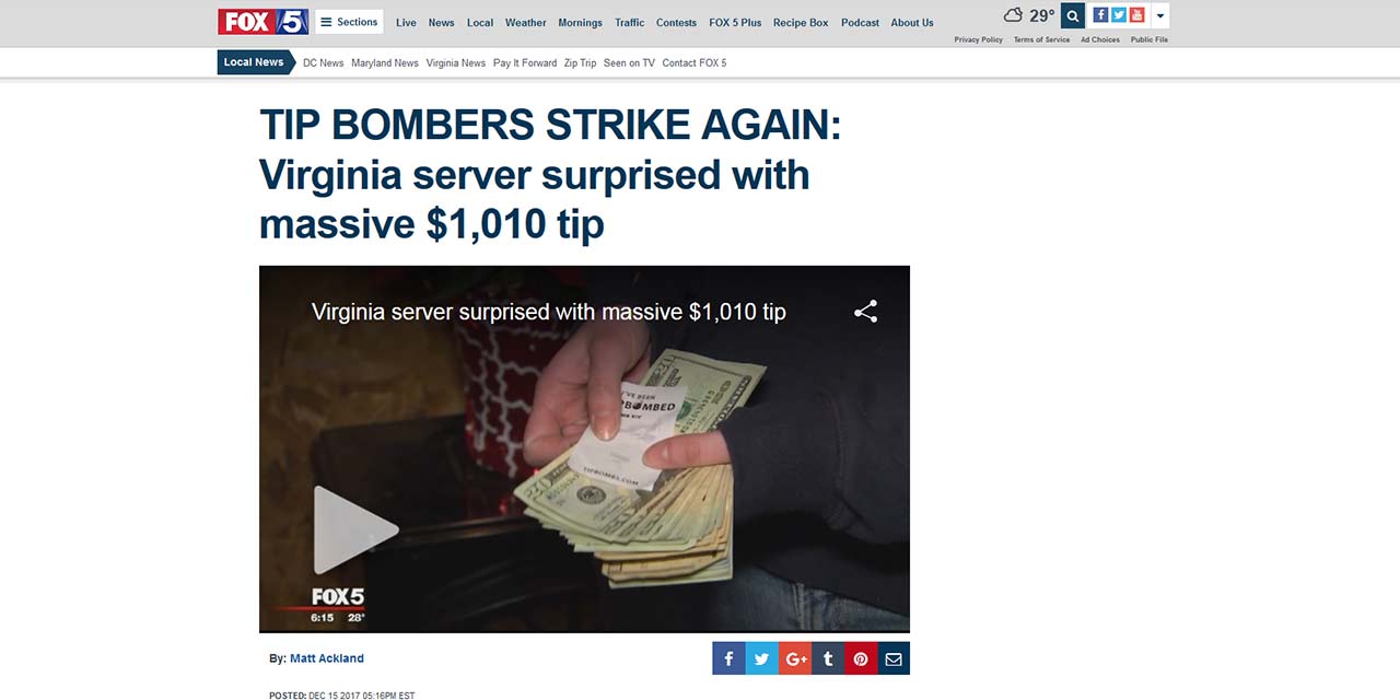 FOX5DC: TIP BOMBERS STRIKE AGAIN: Virginia server surprised with massive $1,010 tip